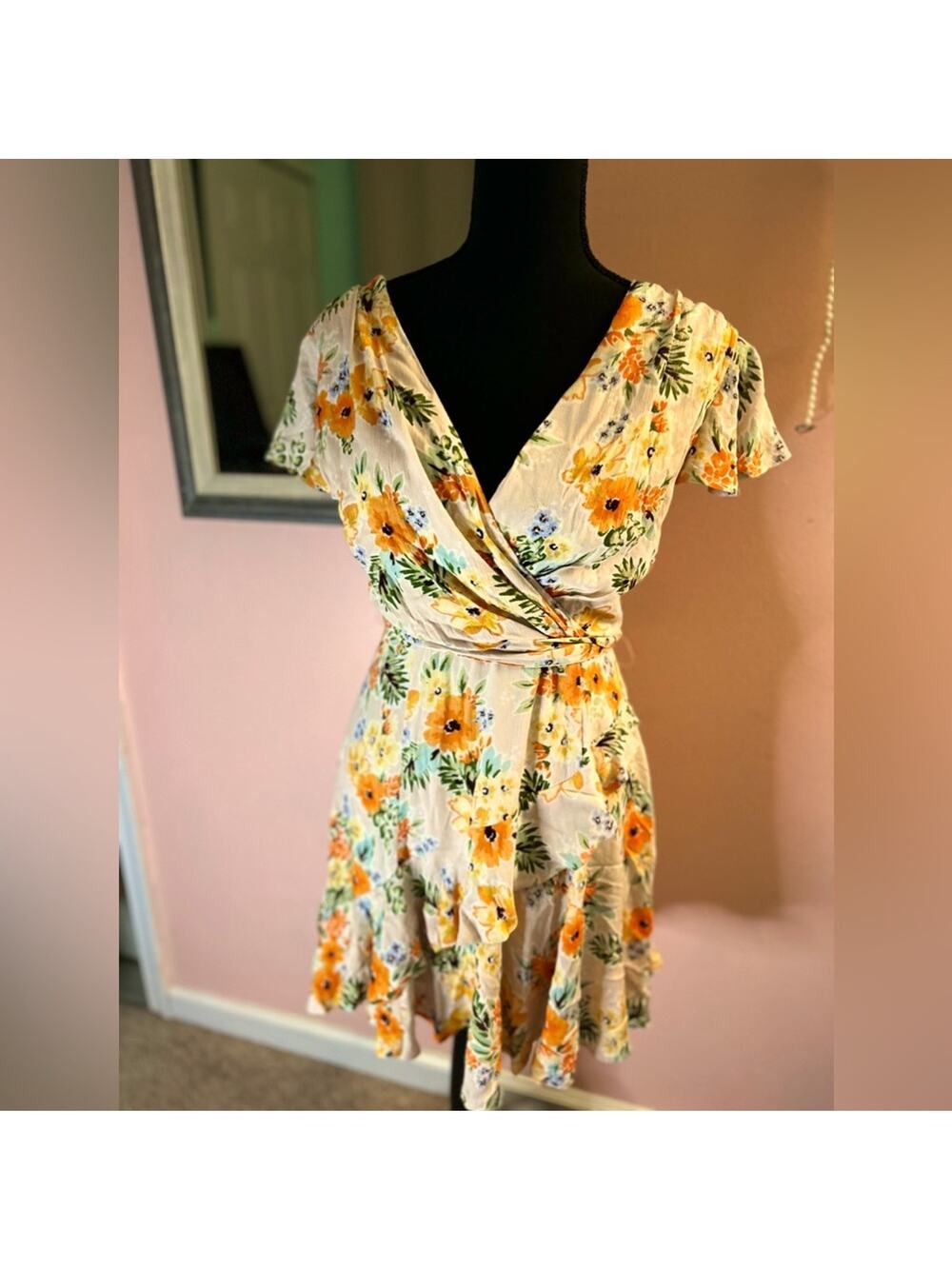 Altar’d State Floral Faux Wrap Dress with ruffles and flutter sleeves